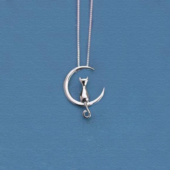 14k Gold Adorable Cat Moon Sterling Silver Necklace - Picture 4 of 16